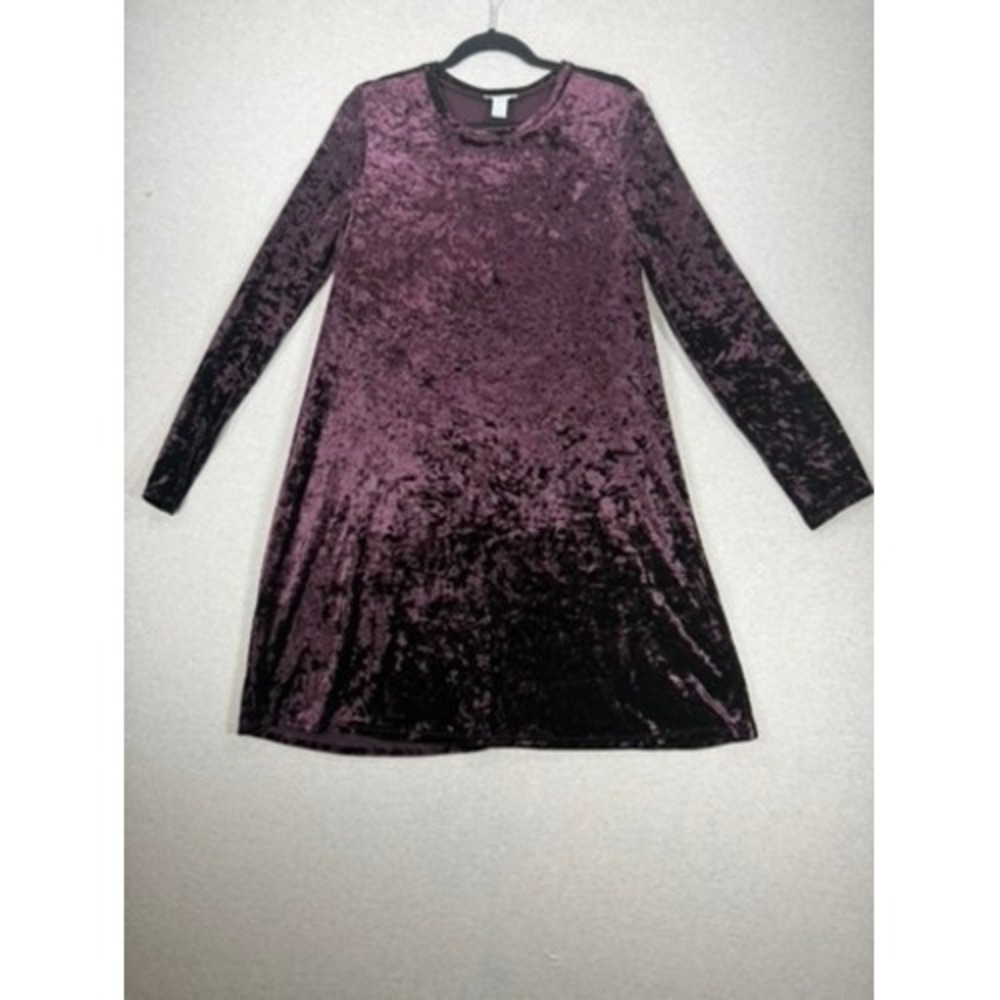 London Times Velvet Dress Womens 12 Purple Excellent A-Line Long Sleeve Shimmer